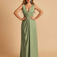 Sexy Satin Deep V-neck Long Bridesmaid Dresses A-line Pleats Sleeveless Floor Length