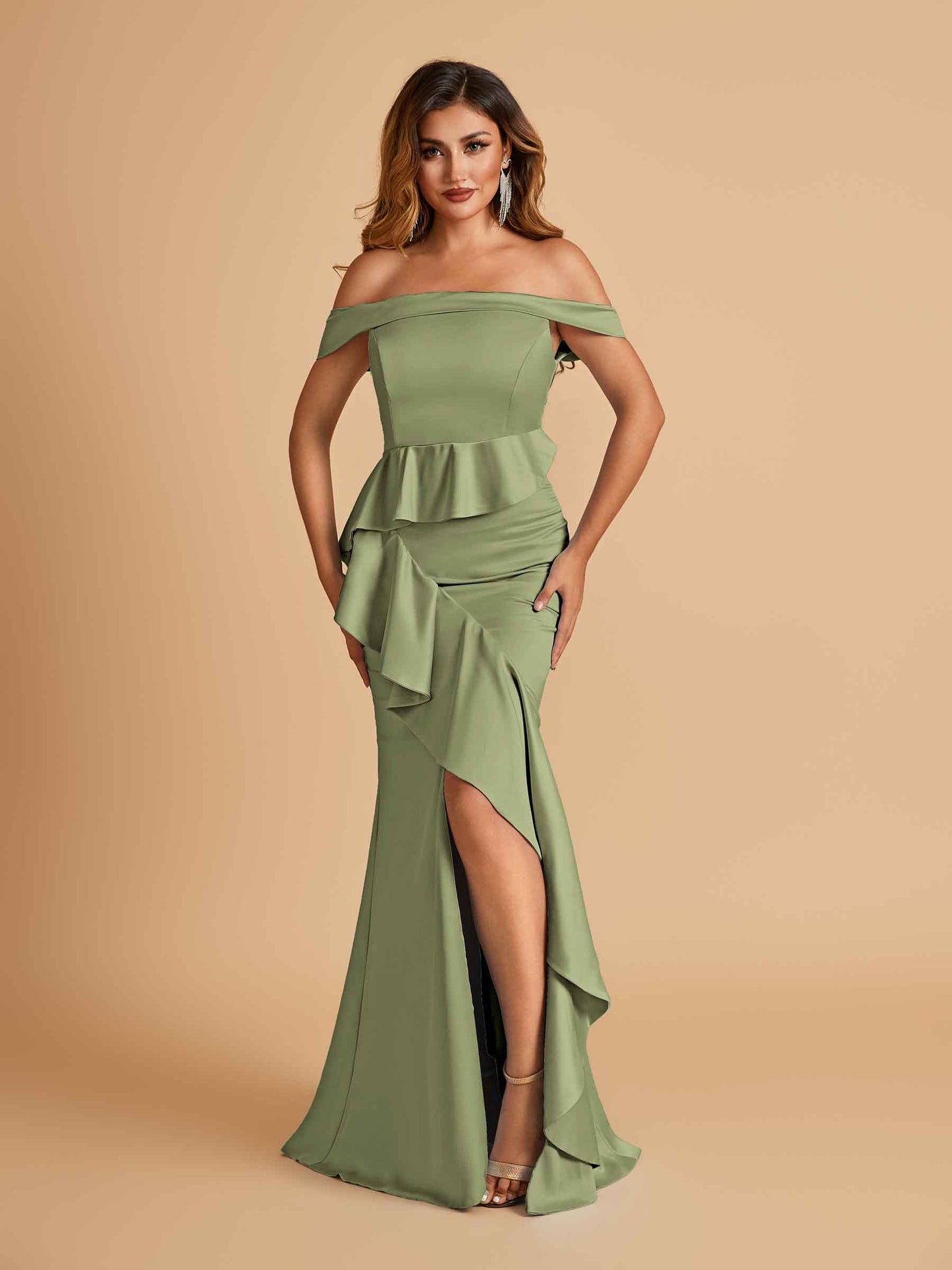 Satin Mermaid Off Shoulder Bridesmaid Dresses With Ruffles Side Slit Floor Length