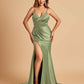Satin Mermaid V-neck Bridesmaid Dresses Spaghetti Straps Side Slit Floor Length