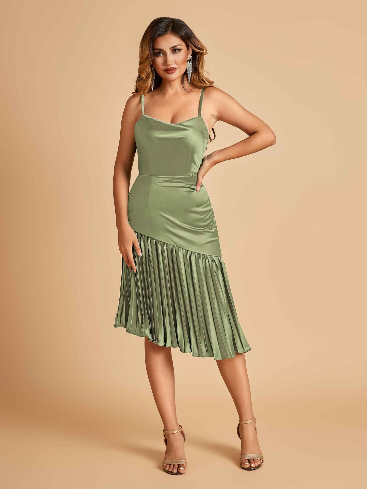 Sexy Satin Midi Asymmetrical Prom Dresses Spaghetti Straps Mermaid With Ruffles
