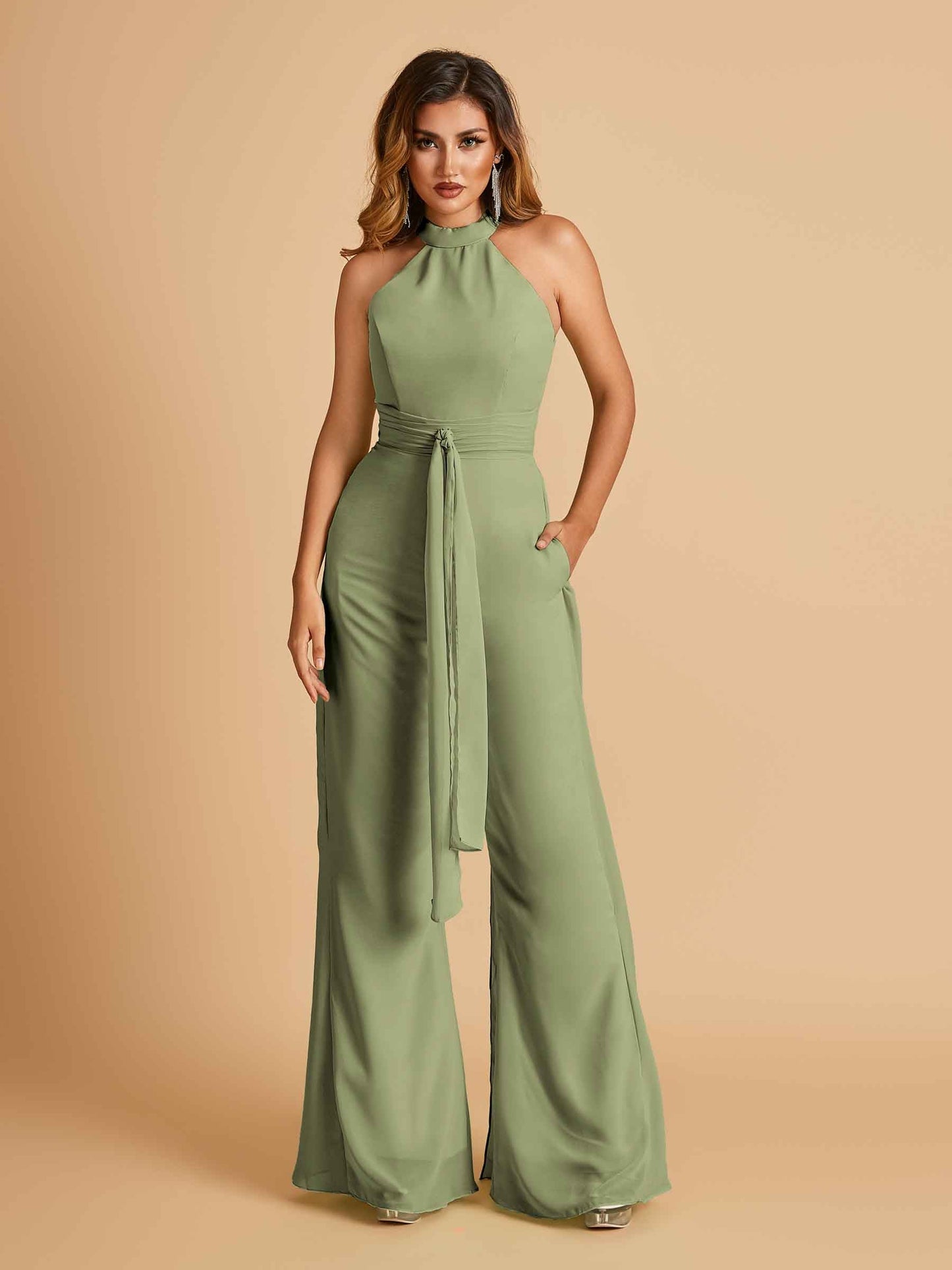 Chiffon Prom Jumpsuit Jewel Neck Sleeveless Floor Length With Pockets