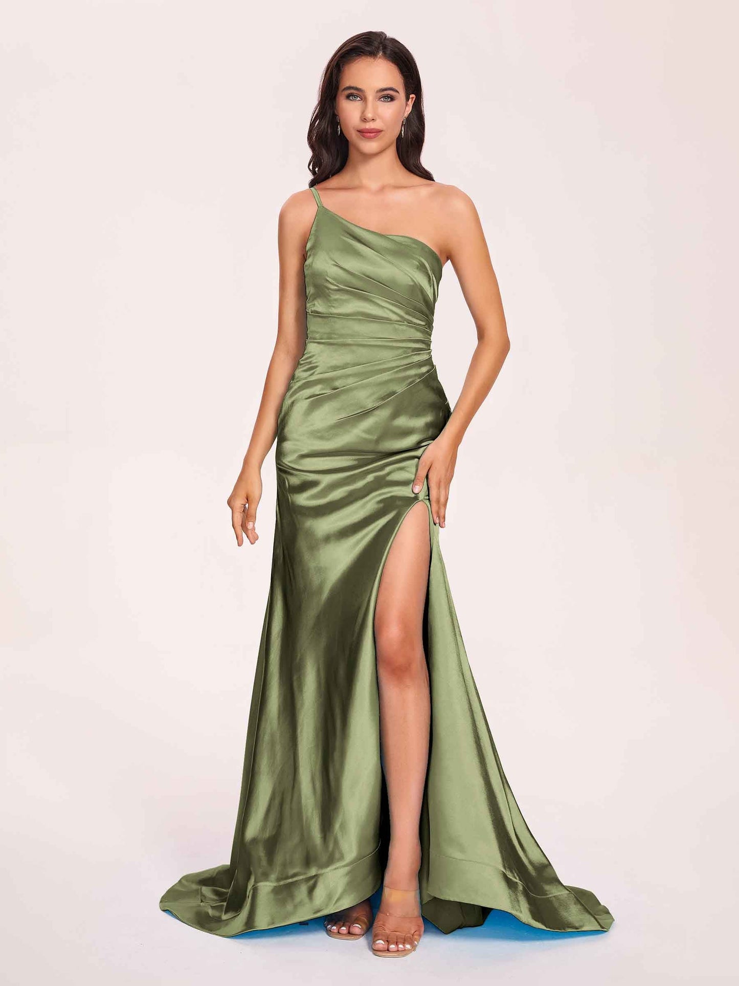 Satin One-shoulder Mermaid Prom Dresses Side Slit Pleats Floor Length