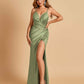 Sexy Satin Spaghetti Straps Prom Dresses V-neck Side Slit Pleats Floor Length Sheath