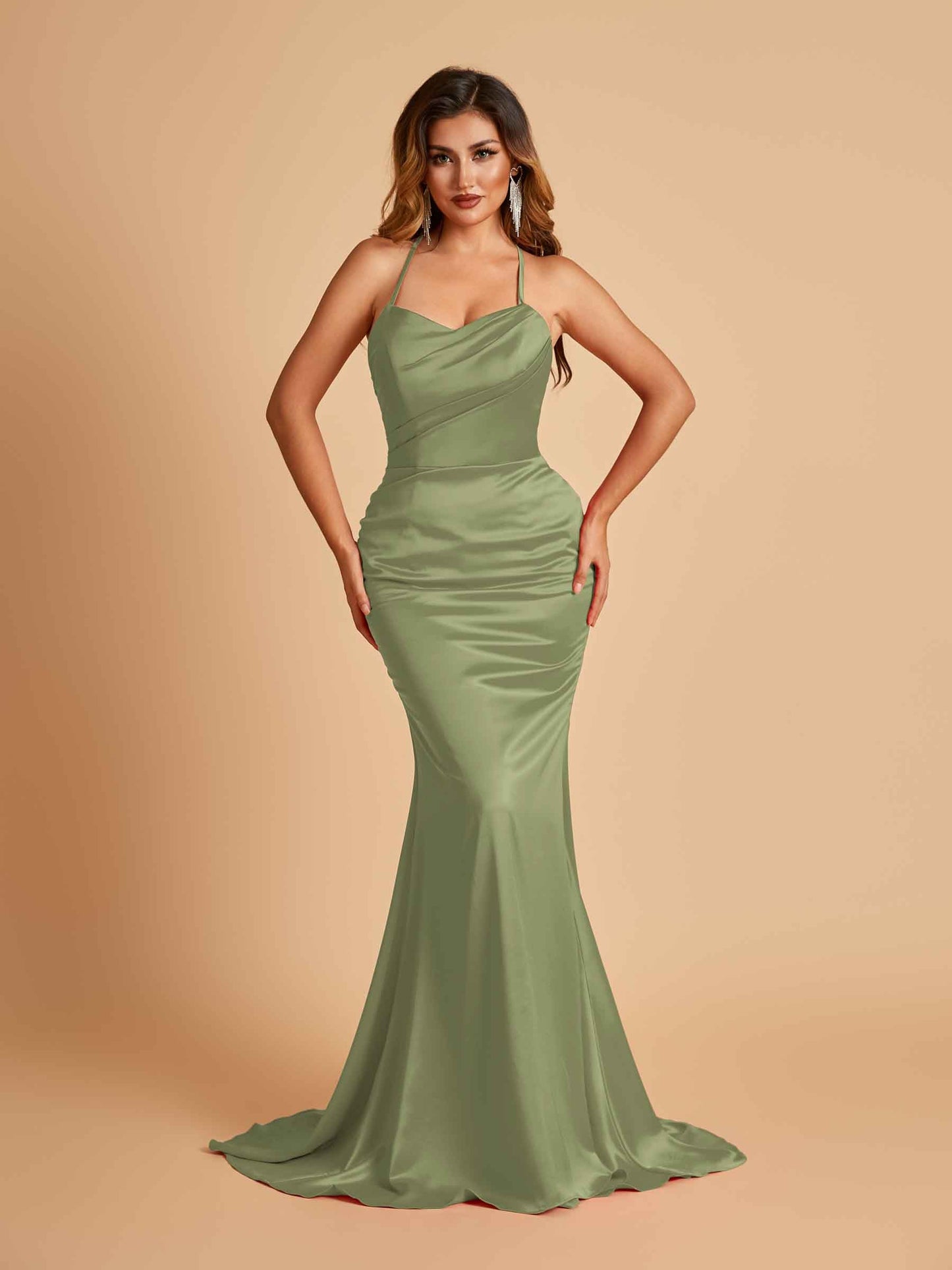 Sexy Satin Mermaid Prom Dresses Spaghetti Straps Scoop Criss-cross Back