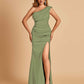 Satin One-shoulder Bridesmaid Dresses Mermaid Side Slit Sleeveless Floor Length