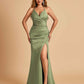Sexy Satin Mermaid Long Prom Dresses Spaghetti Straps Sweetheart Side Slit Criss-cross Back