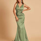 Sexy Satin Criss-cross Back Bridesmaid Dresses Mermaid Deep V-neck Back Pleats Floor Length