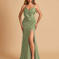 Sexy Satin Sheath Prom Dresses Spaghetti Straps V-neck Side Slit Floor Length