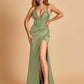 Sexy Sweetheart Sheath Prom Dresses Spaghetti Straps Satin Side Slit Pleats Floor Length