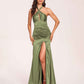 Sexy Satin Halter Long Bridesmaid Dresses Side Slit Pleats Floor Length Sheath