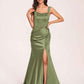 Sexy Satin Square Mermaid Bridesmaid Dresses Pleats Side-Slit Floor-Length Sleeveless