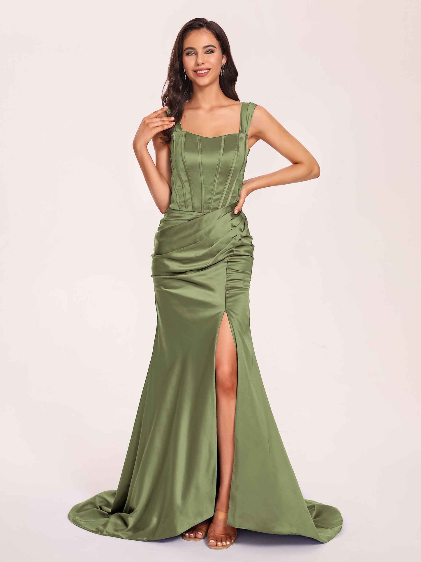 Sexy Satin Square Mermaid Bridesmaid Dresses Pleats Side-Slit Floor-Length Sleeveless