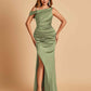 Unique Satin One Shoulder Prom Dresses Side Slit Half Open Back Floor Length