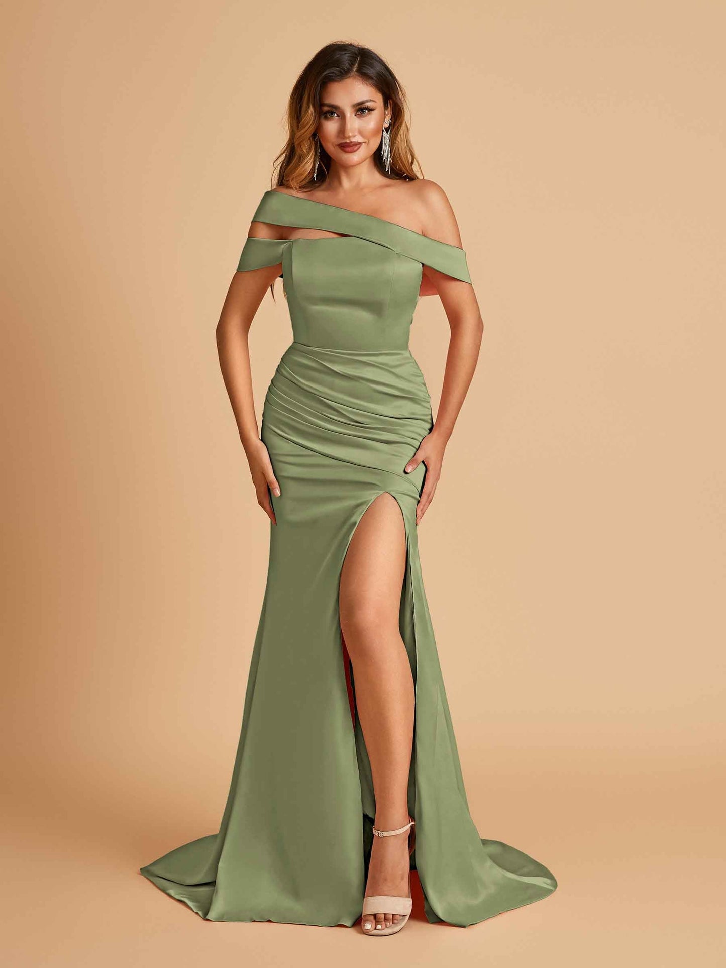 Unique Satin Mermaid Prom Dresses With Off Shoulder Straps Side Slit Floor Length