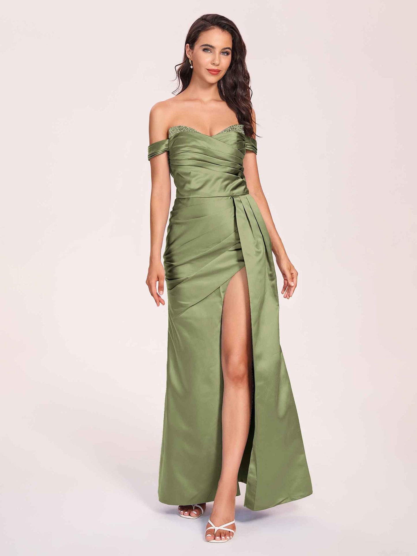Elegant Satin Off Shoulder Bridesmaid Dresses Side-slit Sweetheart Floor Length Sheath
