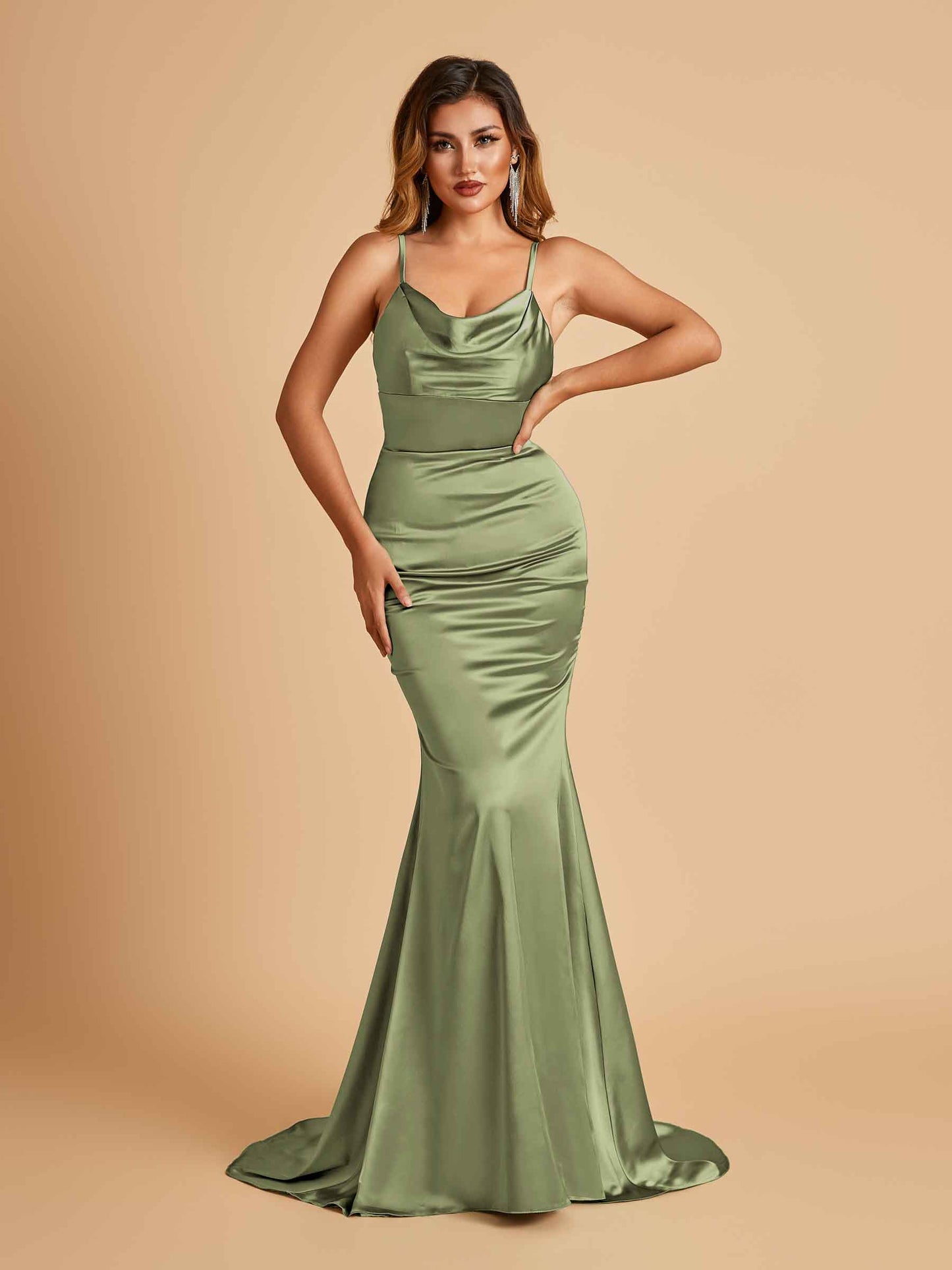 Satin Mermaid Open Back Bridesmaid Dresses Spaghetti Straps Scoop Floor Length