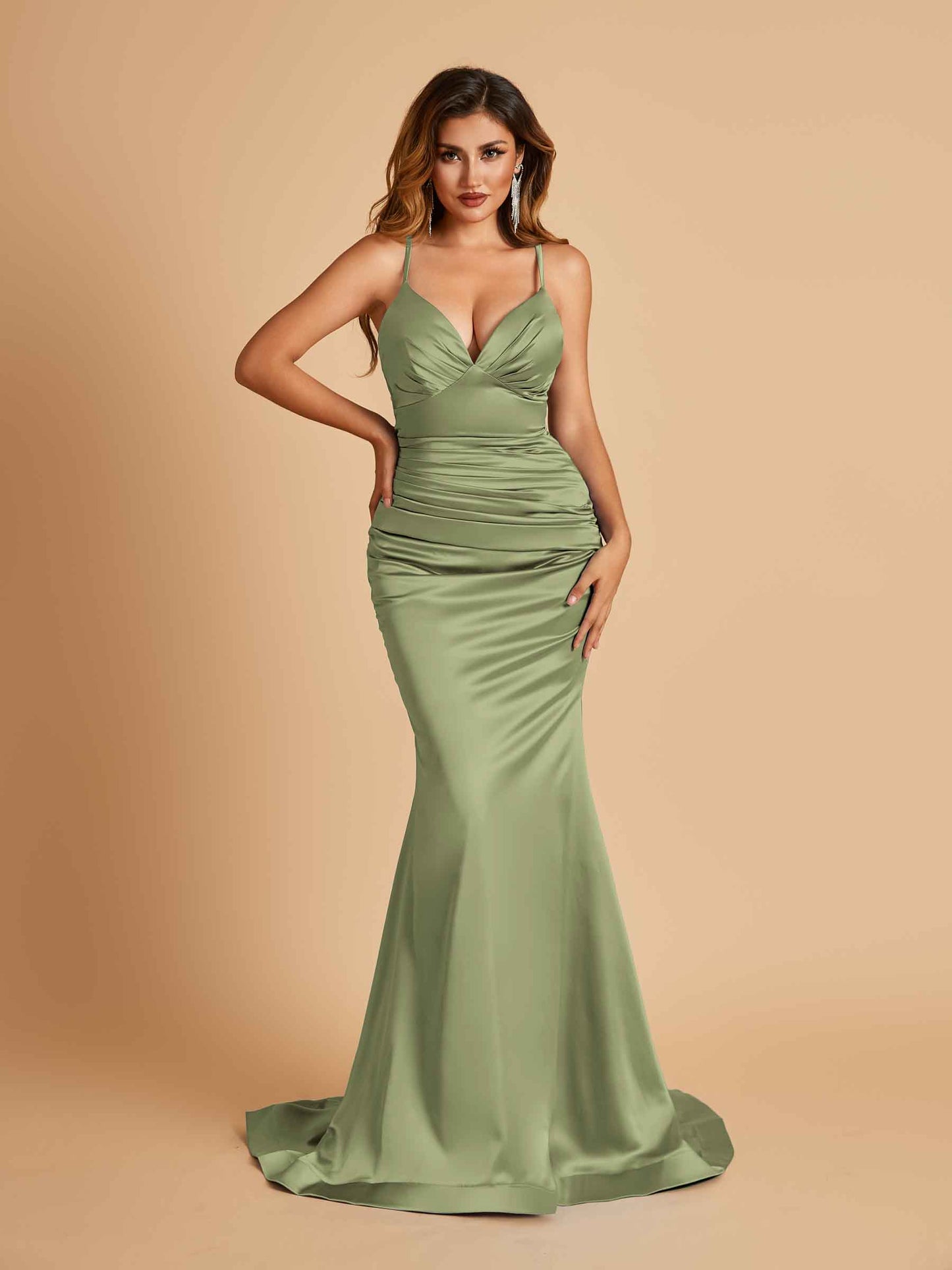 Satin Mermaid V-neck Bridesmaid Dresses Spaghetti Straps Floor Length