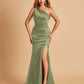 Sexy Satin Key Hole Bridesmaid Dresses One Shoulder Key Hole Floor Length Sheath For Sale