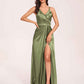 Sexy Satin A-line Prom Dresses Spaghetti Straps Side Slit V-neck Floor Length