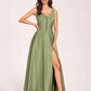 Satin V-neck A-line Prom Dresses Side slit Floor Length