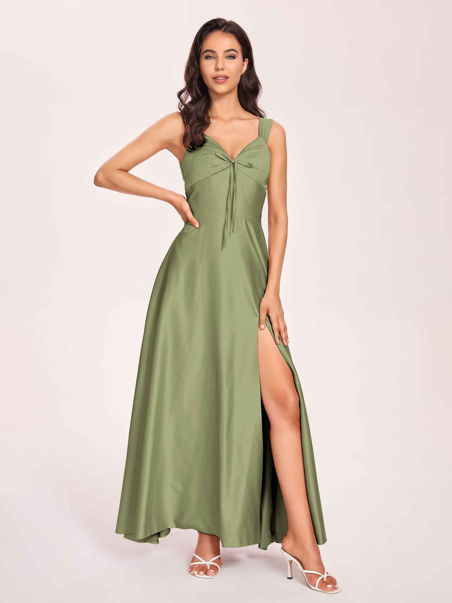 Satin V-neck A-line Prom Dresses Side slit Floor Length