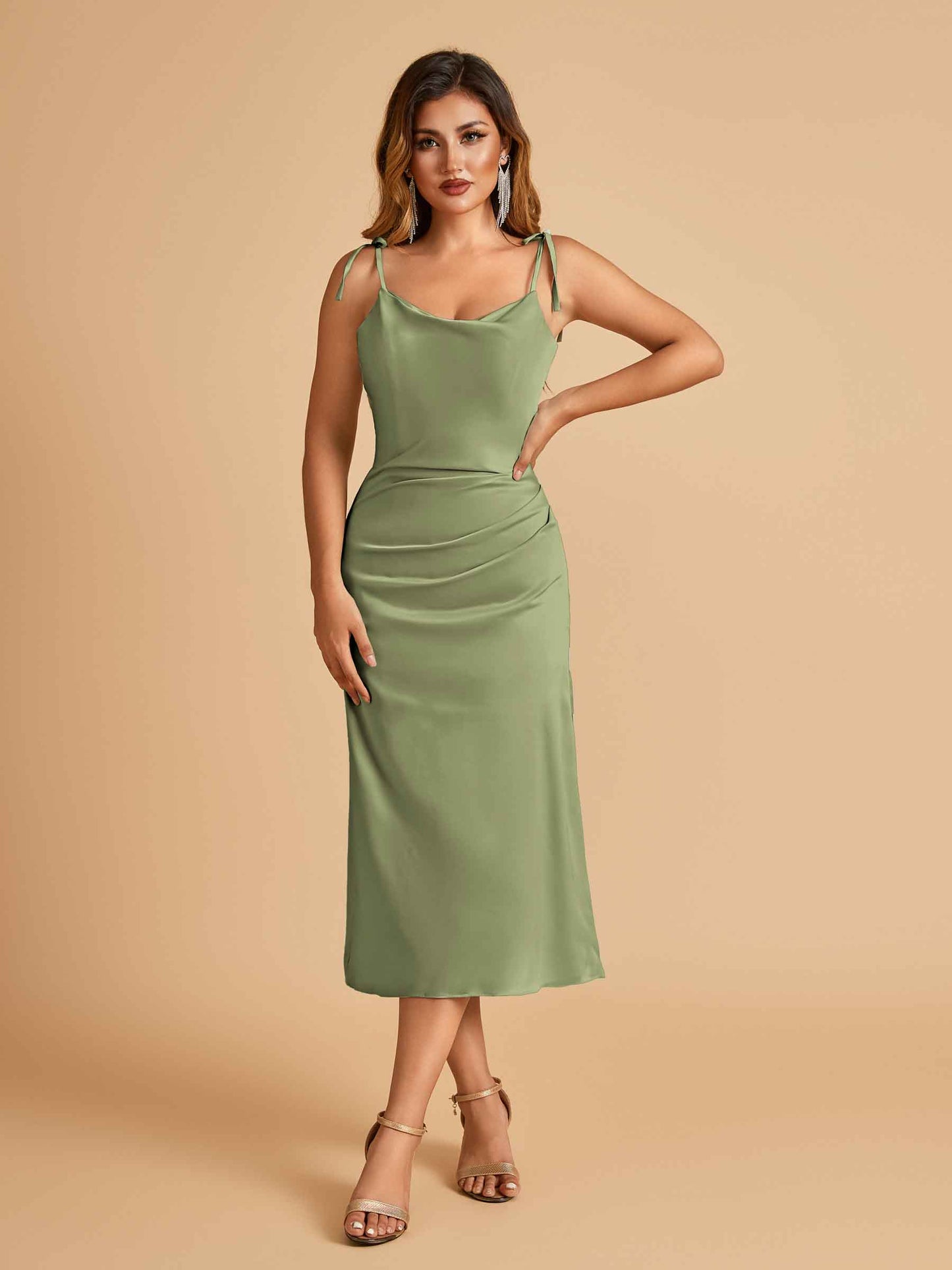 Sexy Satin Midi Bridesmaid Dresses Spaghetti Straps Slip Scoop Side Slit