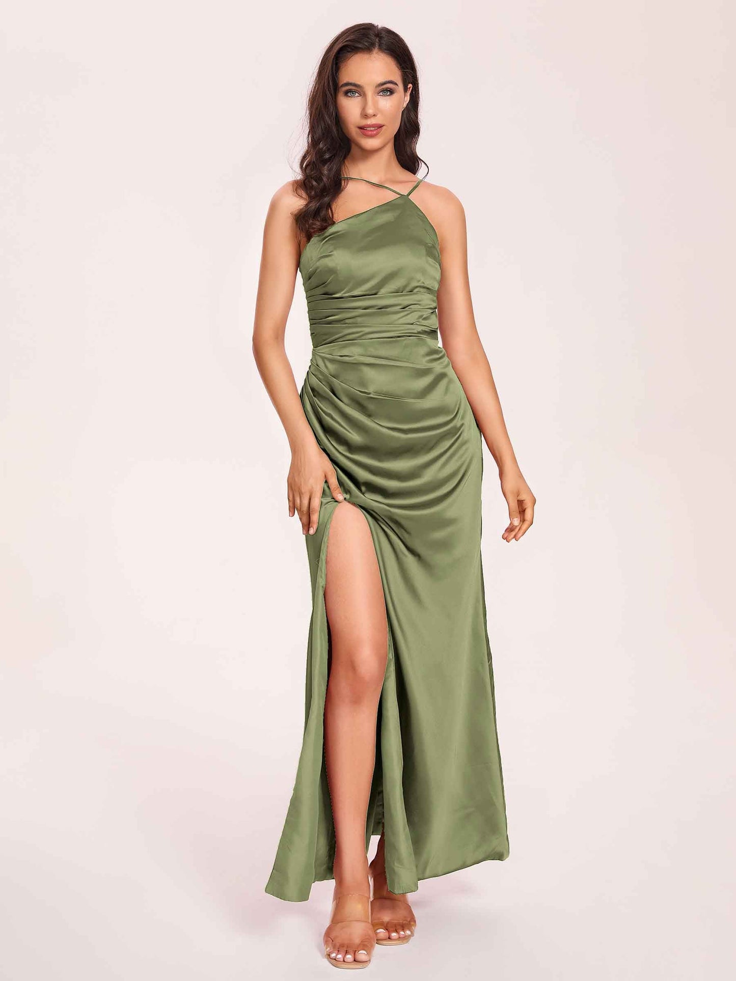 Satin Halter Pleats Sheath Prom Dresses Side-Slit Floor Length Sleeveless