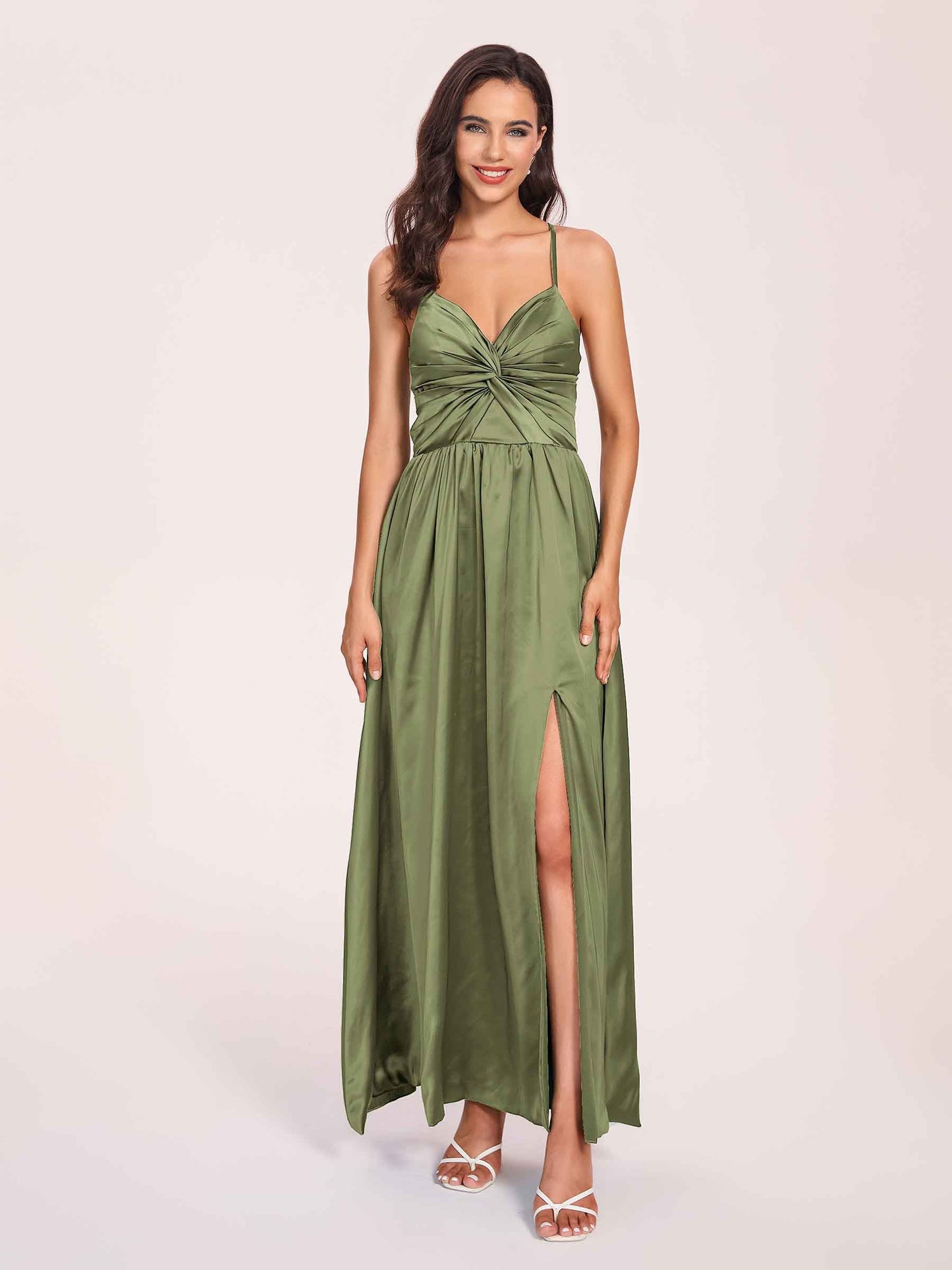 Satin Spaghetti Straps A-line Prom Dresses Side Slit Floor Length