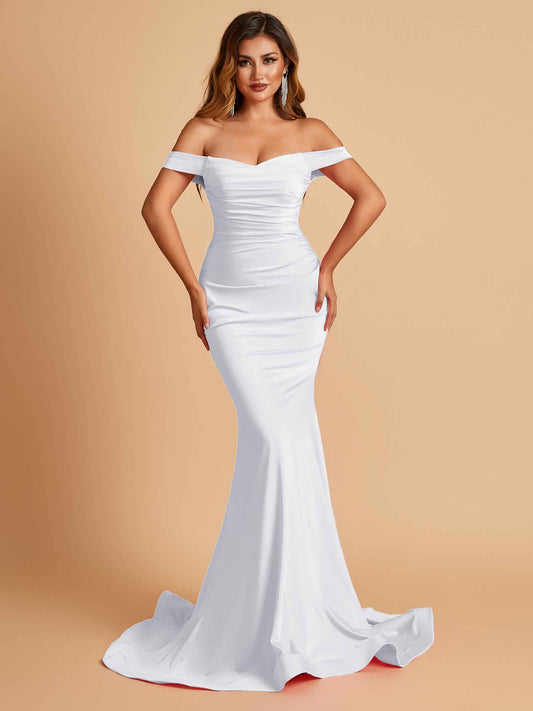 Jersey Mermaid Bridesmaid Dresses Off Shoulder Sweetheart Pleats Floor Length