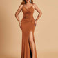 Jersey Mermaid Bridesmaid Dresses Spaghetti Straps V-neck Side Slit Floor Length