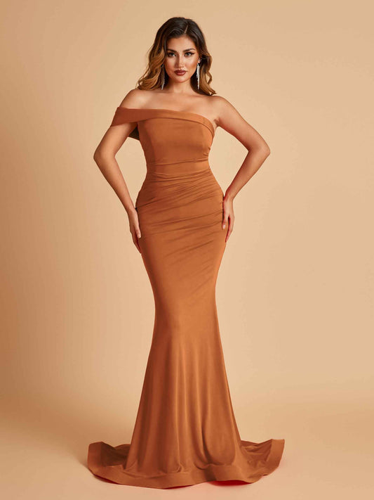 Sexy Jersey One Shoulder Prom Dresses Mermaid Pleats Floor Length Unique