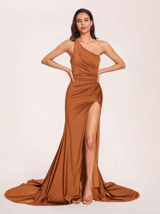 Jersey One-shoulder Prom Dresses Open Back Pleats Side-Slit With Train Long