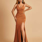 Jersey Mermaid Bridesmaid Dresses Spaghetti Straps V-neck Side Slit Pleats Floor Length