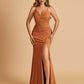 Sexy Jersey Mermaid Bridesmaid Dresses Spaghetti Straps V-neck Criss Cross Side Slit Floor Length