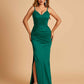 Satin Mermaid Long Bridesmaid Dresses Spaghetti Straps V-neck Side Slit Floor Length For Sale