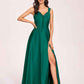 Satin V-neck A-line Prom Dresses Side slit Floor Length