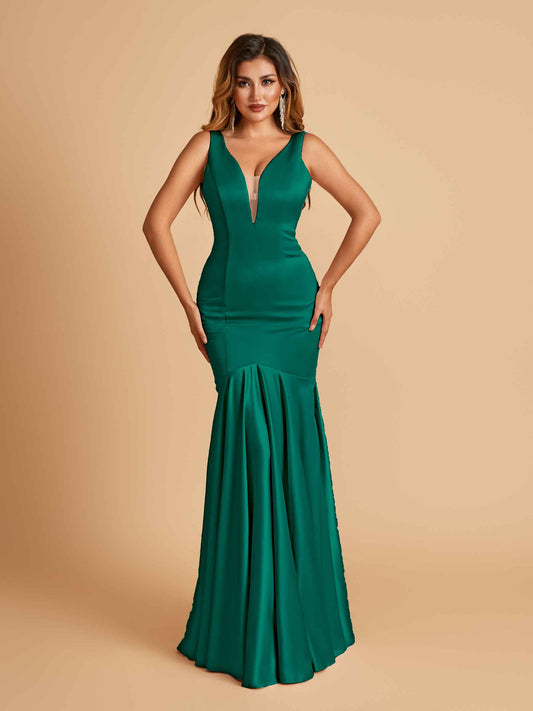 Satin Deep V-neck Mermaid Bridesmaid Dresses Half Open Back Floor Length