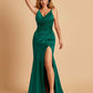 Sexy Satin Mermaid Prom Dresses Spaghetti Straps V-neck Side Slit Half Open Back