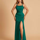 Satin Mermaid Long Prom Dresses Spaghetti Straps Scoop Side Slit Criss-cross Back