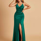 Sexy Satin Sheath Prom Dresses Spaghetti Straps V-neck Side Slit Pleats Floor Length