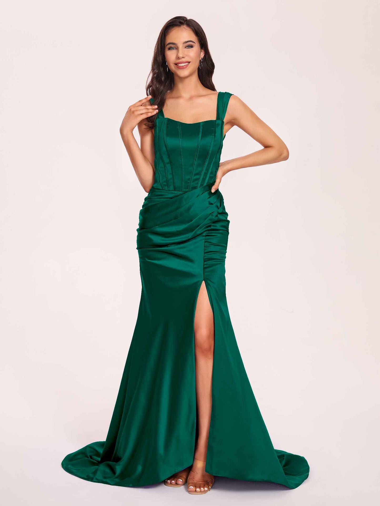 Sexy Satin Square Mermaid Bridesmaid Dresses Pleats Side-Slit Floor-Length Sleeveless