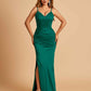 Satin Mermaid Long Bridesmaid Dresses Spaghetti Straps V-neck Side Slit Floor Length