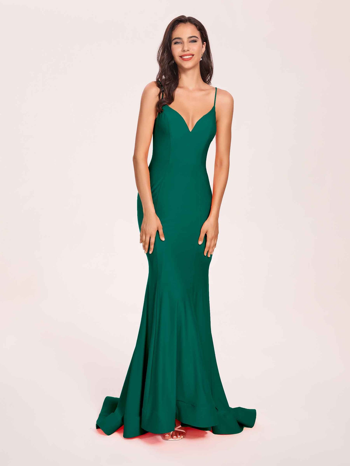 Sexy Satin Mermaid Prom Dresses Spaghetti Straps V-neck Floor Length Lace-up Back