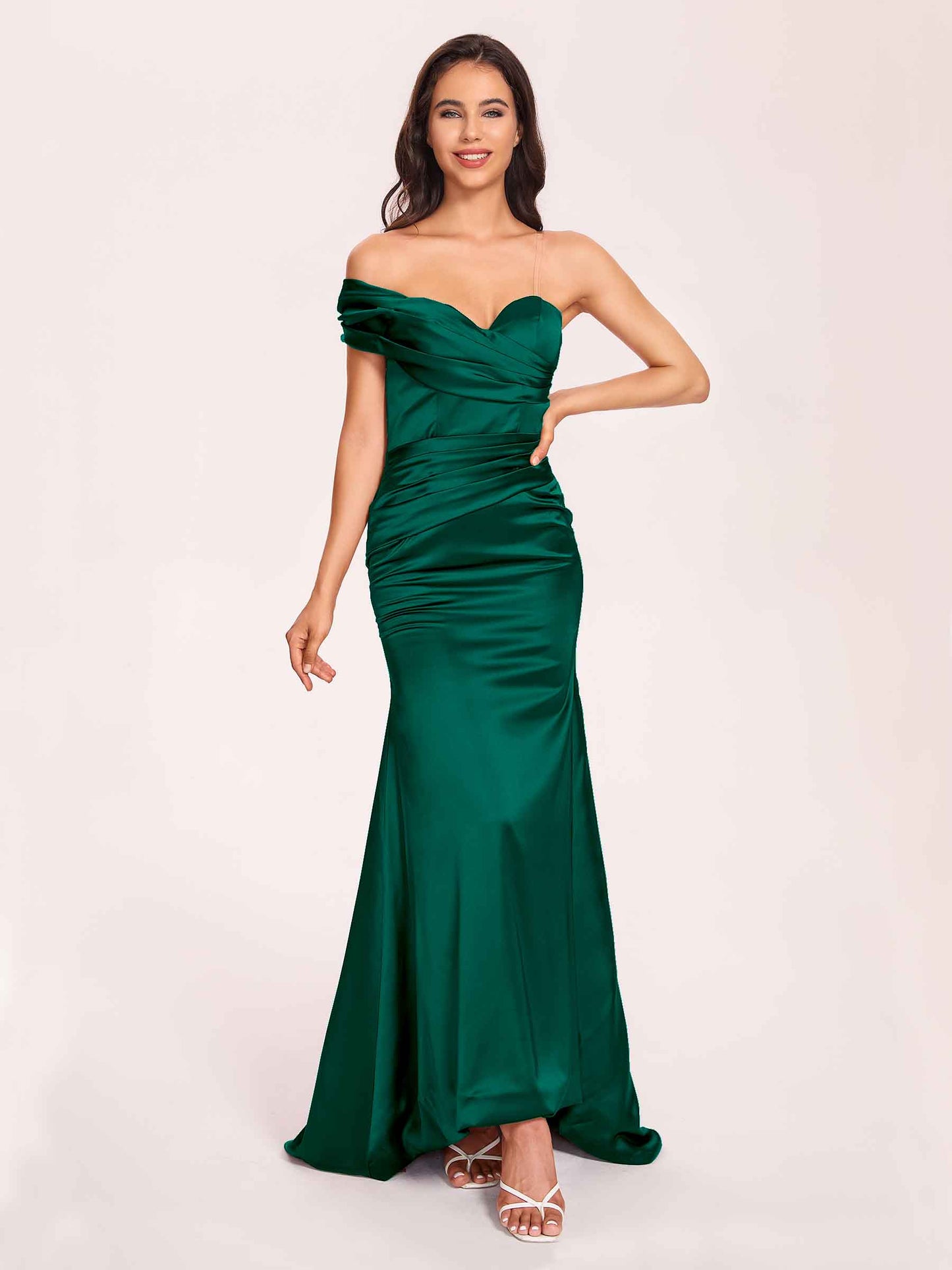 Satin One-shoulder Bridesmaid Dresses Pleats Floor Length Mermaid Long