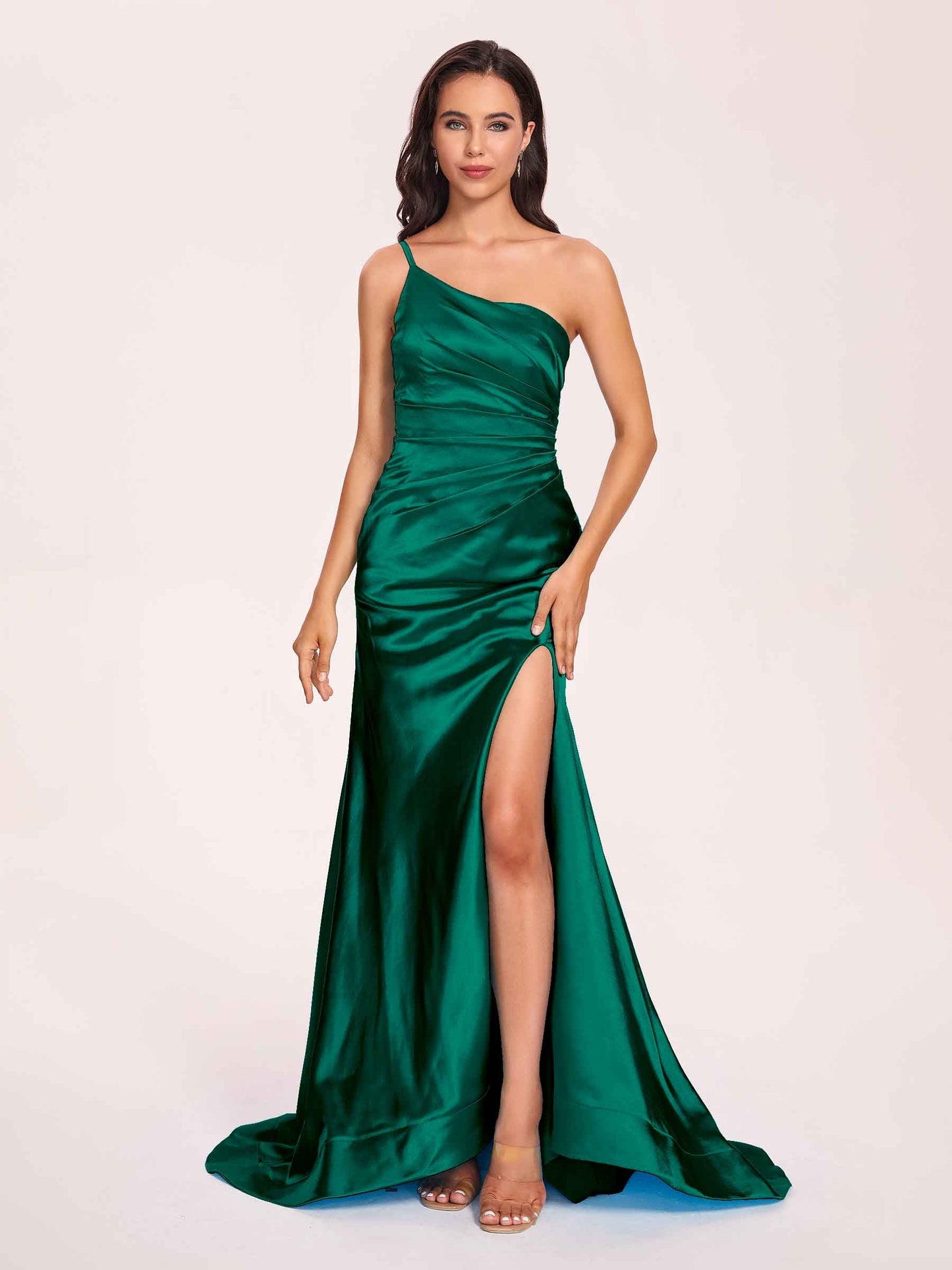 Satin One-shoulder Mermaid Prom Dresses Side Slit Pleats Floor Length