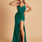 Satin Spaghetti Straps Long Prom Dresses V-neck Side Slit Criss-cross Back Sheath