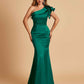 Satin One-shoulder Bridesmaid Dresses Ruffle Sleeves Mermaid Floor Length For Sale