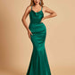 Satin Mermaid Open Back Prom Dresses Spaghetti Straps Scoop Floor Length