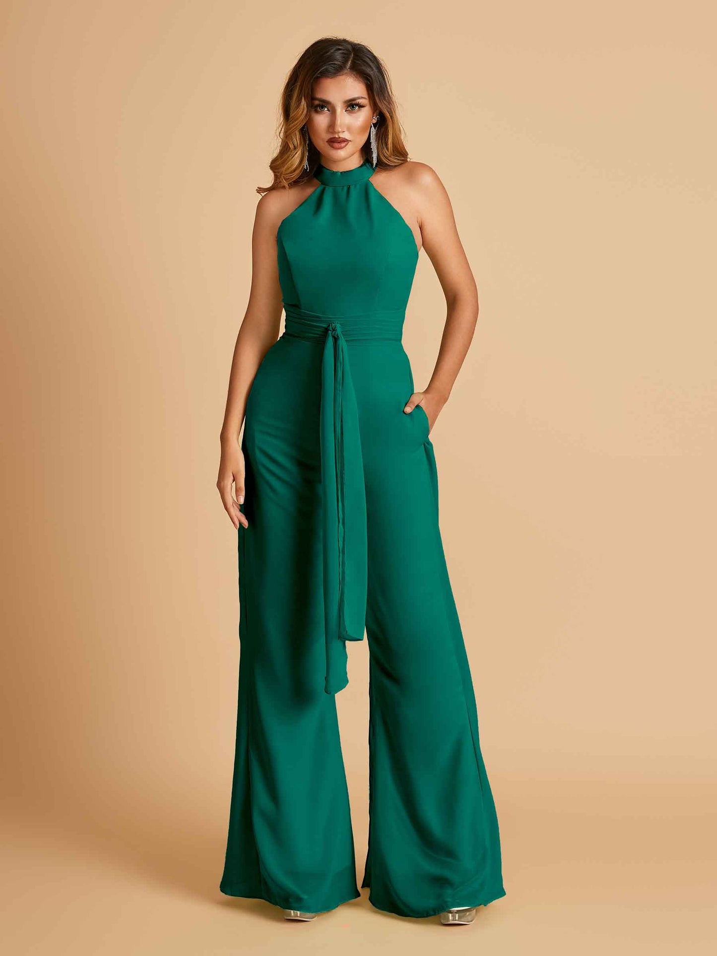 Chiffon Prom Jumpsuit Jewel Neck Sleeveless Floor Length With Pockets
