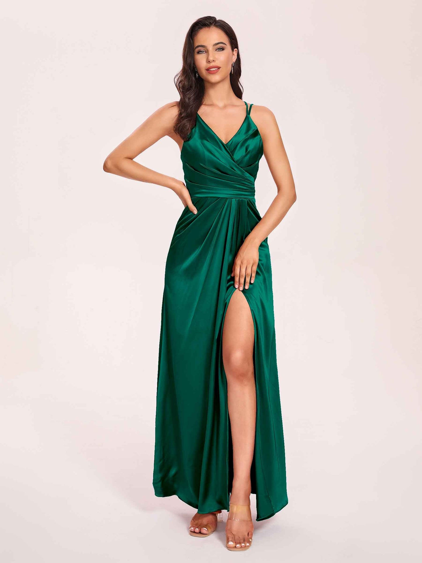 Sexy Satin A-line Prom Dresses Spaghetti Straps Side Slit V-neck Floor Length